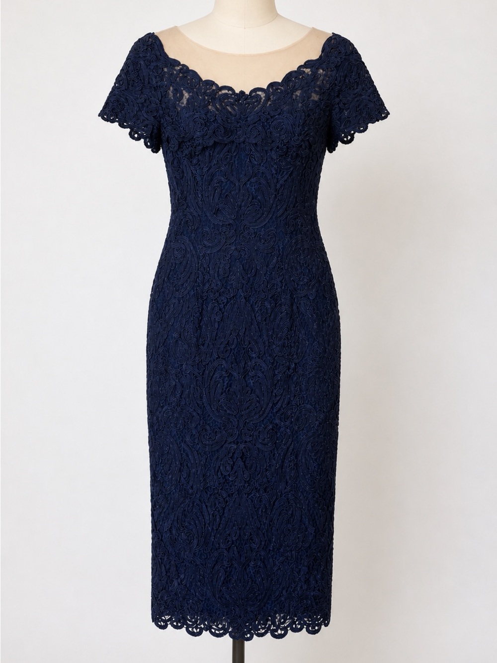 JS Collections Navy Soutache Lace Illusion Sheath Midi Dress XS S NWT